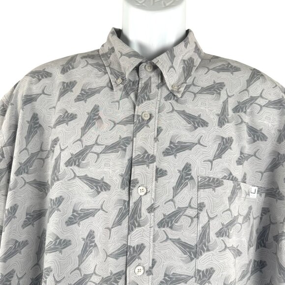 Huk Fishing Button Front Shirt 2XL Gray Fish All Over Print Short Sleeve TP-3069 - Picture 3 of 8